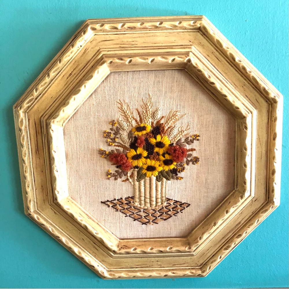11047 Mid Century Boho Hand Worked Floral Crewelwork in Octagon Ceramic Frame